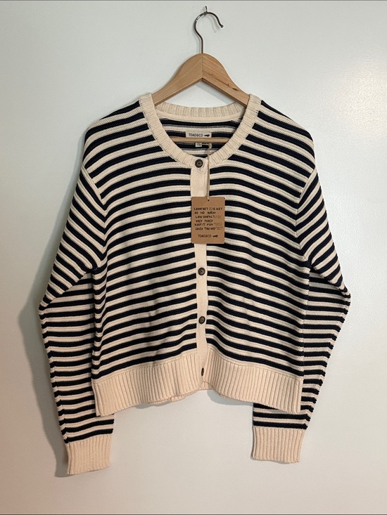 Toad&Co Sweaters - Toad&Co Navy and Cream Striped Button Cardigan Large